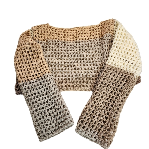 Crochet Crop Top Tan & Brown Shades Boat Neck Handmade Woman's Size M NWT - Picture 3 of 6